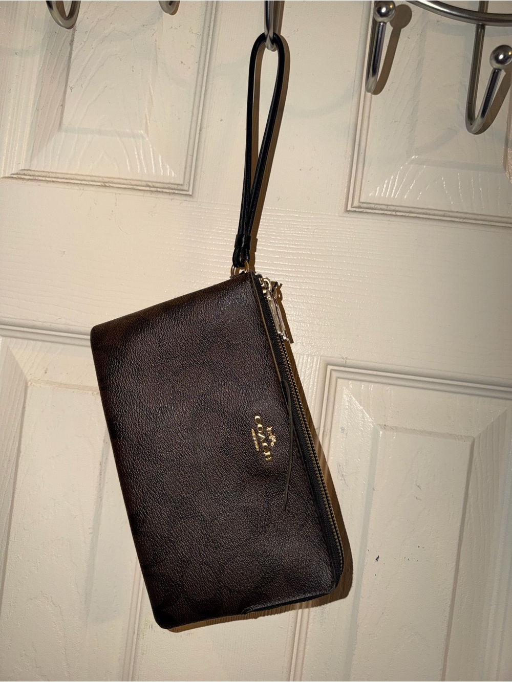 Coach Dark Brown Leather Wristlet with Gold Accent